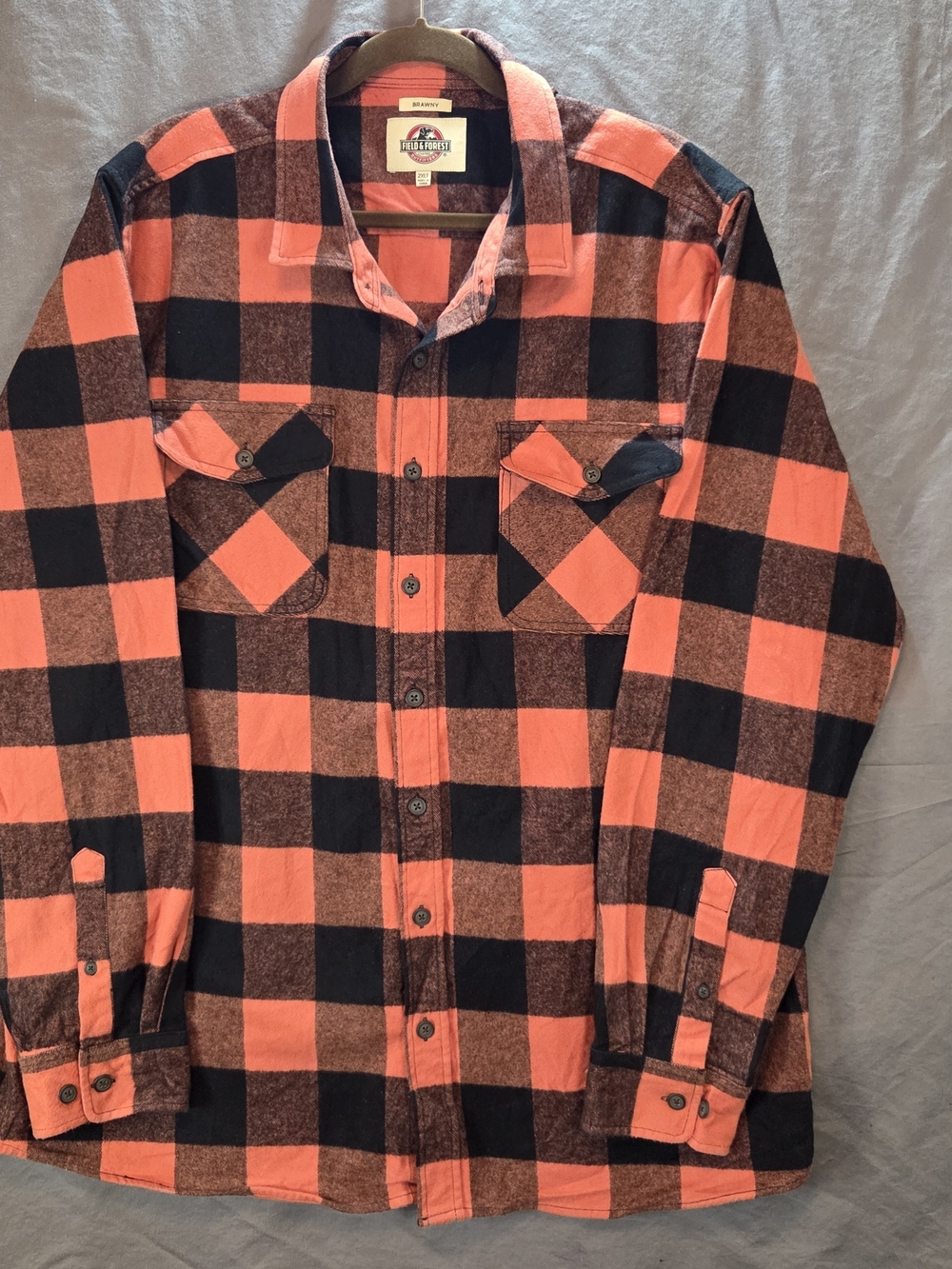 ​Field & Forest Brawny Flannel Shirt Mens 2XLT Orange Black Buffalo Plaid Heavy